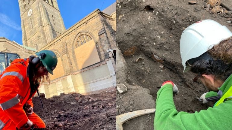 Archaeologist (left) excavates the burial ground at Leicester Cathedral, while another (right) excavates a 19th century burial.