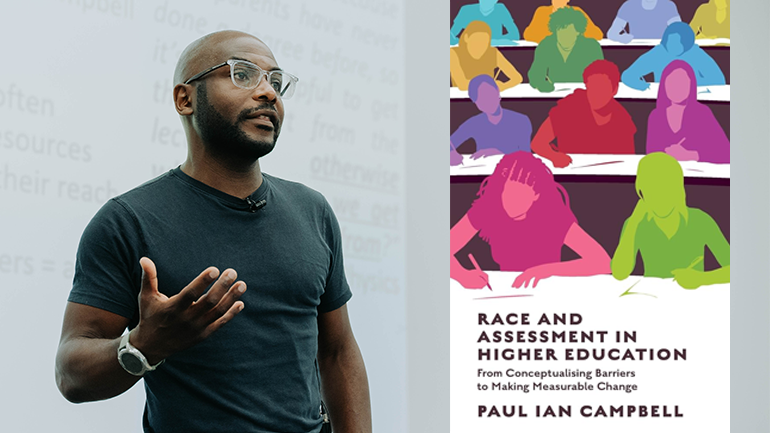 Composite image of Dr Paul Ian Campbell and the cover of his book, Race and Assessment in Higher Education