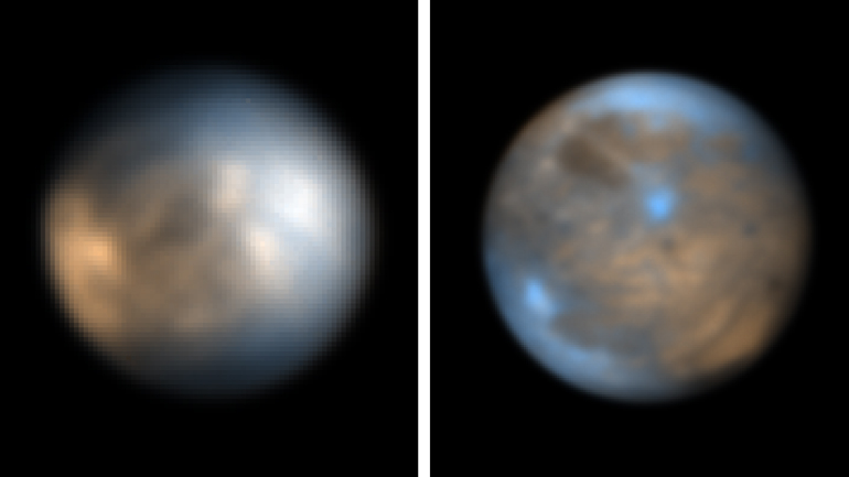 Image of Europa/Ganymede created using two different wavelengths:  2.1 µm and 2.25 µm, which broadly define a large water-ice absorption feature.  Bluer areas are more ice-rich, whereas orange areas display less ice and more non-ice contaminants (acids, salts, and unidentified darkening agents). Credit: ESO/King & Fletcher