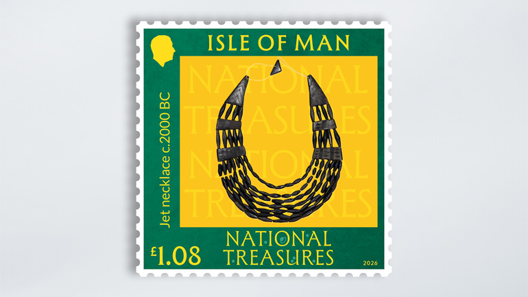 Isle of Man postage stamp featuring a Bronze Age jet necklace from around 2000 BC.