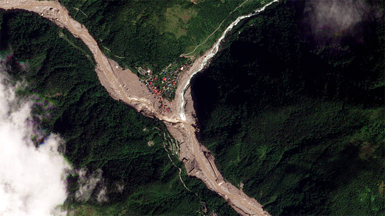 Satellite image of Lhonak Lake in India after flooding. Image © 2023 Planet Labs PBC