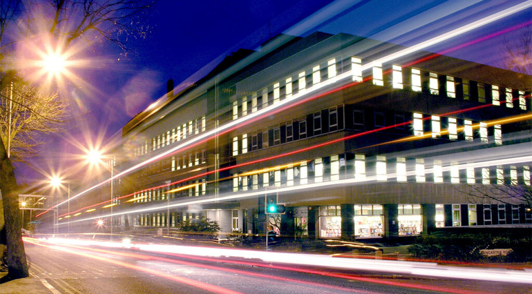 Maurice Shock Medical Sciences Building at night time