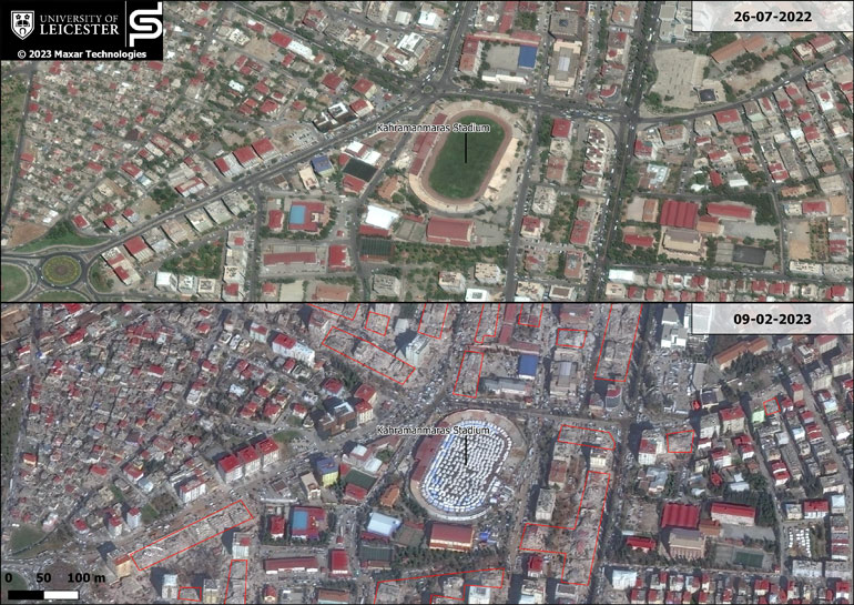 Image data from the University of Leicester covering part of the city of Kahramanmaraş, Turkey taken before and after the earthquake that affected the region on 6 February 2023. Buildings that have been assessed to have been possibly damaged by the earthquake are shown. Satellite image ©2023 Maxar Technologies.