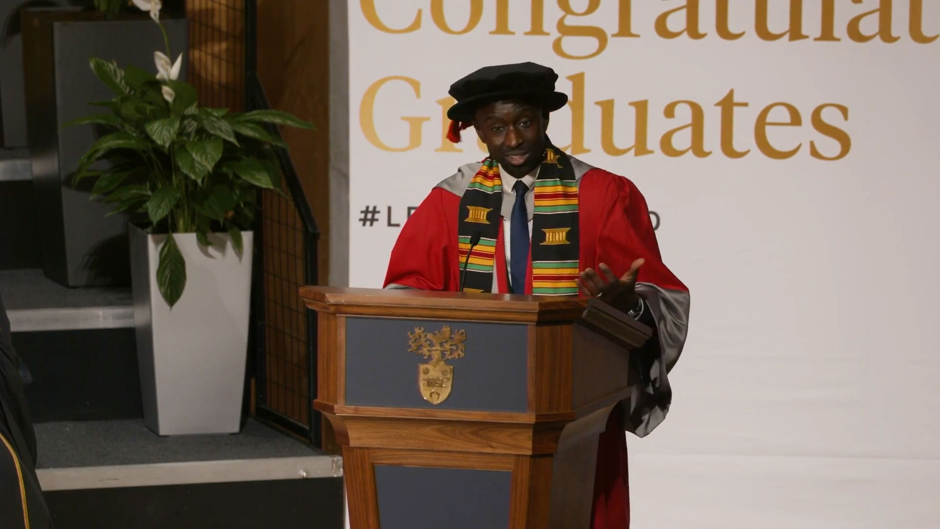 Jeffrey Boakye gives a speech upon accepting his honorary degree.
