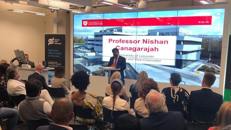 Professor Nishan Canagarajah, President & Vice-Chancellor of the University of Leicester, speaking during the visit.
