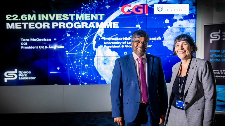 Professor Nishan Canagarajah, President and Vice-Chancellor at the University of Leicester, with President of CGI’s UK and Australia operations, Tara McGeehan.