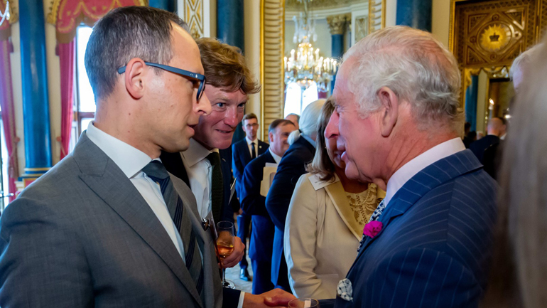 L-R: Professor Richard Ambrosi, Executive Director of Space Park Leicester, and Piers Slater, Founder & CEO Reef Group, meet His Majesty King Charles III.