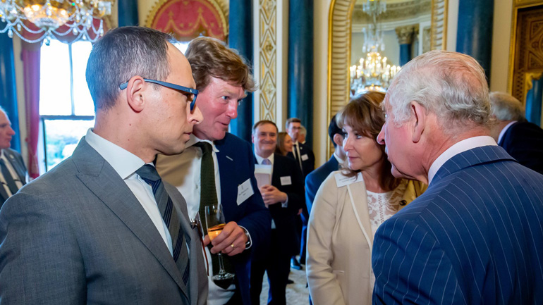 L-R: Professor Richard Ambrosi, Executive Director of Space Park Leicester, and Piers Slater, Founder & CEO Reef Group, meet His Majesty King Charles III.