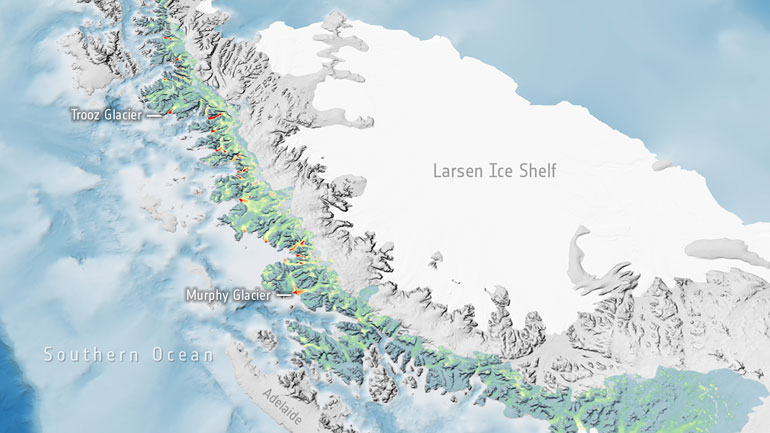The Antarctic Peninsula holds enough ice to raise global sea levels by around 7 cm and is rapidly changing in response to the climate crisis. Image: ESA/Anna Hogg, University of Leeds