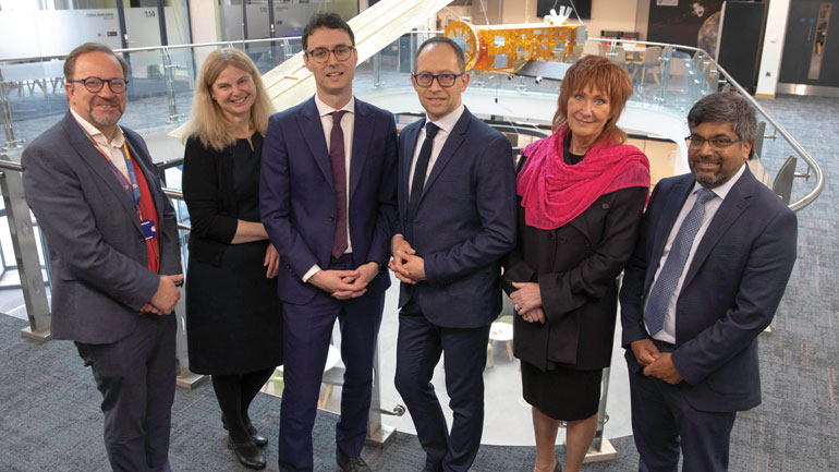 L-R: Professor Phil Baker, Pro Vice-Chancellor Research and Enterprise, University of Leicester; Professor Sarah Davies, Pro Vice Chancellor Head of the College of Science and Engineering; Tom Newman-Taylor Chief Executive Officer at East Midlands Freeport; Professor Richard Ambrosi, Executive Director Space Park Leicester; Nora Senior CBE, East Midlands Freeport Chair; Professor Nishan Canagarajah, President and Vice-Chancellor, University of Leicester