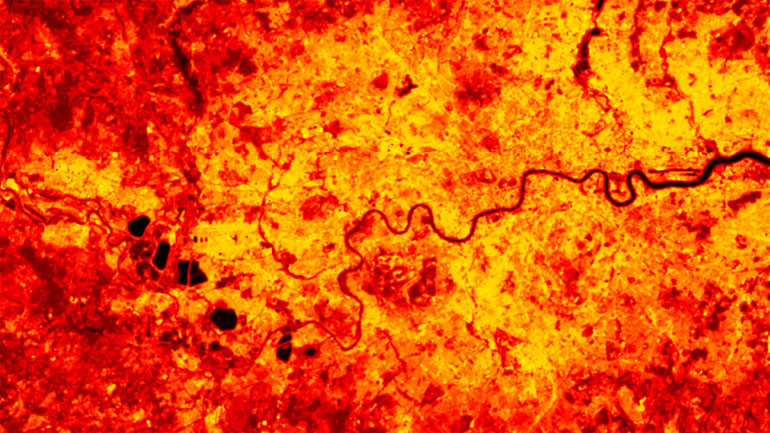 London land surface temperature map. Data such as this will be used to make information to improve UK resilience to heat waves. Credit: NCEO University of Leicester.
