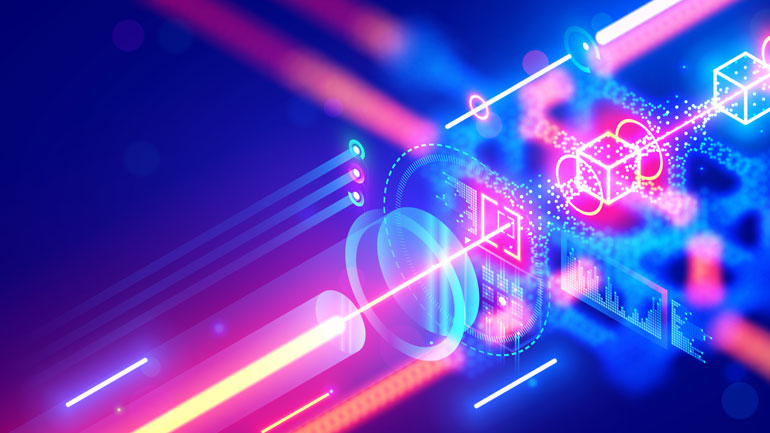 Quantum computing: Close up of optical cpu process light signal.