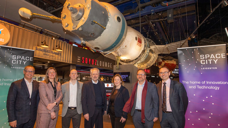 (L-R): Andy Reed OBE (Co-Chair, Leicester and Leicestershire Enterprise Partnership (LLEP), Emma Kelly (Vice-President for Strategy and Insight, National Nuclear Laboratory), Aidan Rooney (Founder and Product Director at Vehicle Vision), Sir Peter Soulsby (City Mayor), Professor Emma Bunce (Director of Institute for Space and Trustee at National Space Centre), Professor Philip Baker (Pro-Vice Chancellor, Research and Enterprise, University of Leicester) and Chas Bishop (Chief Executive of National Space Centre).