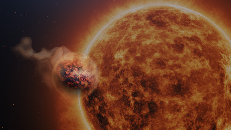 Artist impression of WASP-107b and its parent star. Illustration credit: LUCA School of Arts, Belgium/ Klaas Verpoest (visuals), Johan Van Looveren (typography)
