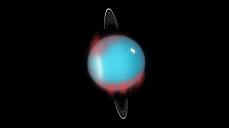 An artistic representation of how the northern infrared aurora would have looked like in 2006 (marked in red). The darker red locations indicate confirmed aurora locations, with fainter red used to mark possible aurora locations. Credit to NASA, ESA and M. Showalter (SETI Institute) for the background image of Uranus, as was observed by the Hubble Space Telescope (in the visible spectrum) in August 2005.