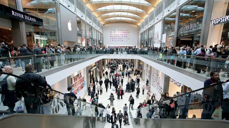 A busy Highcross Shopping Centre from the top of the escalators near the John Lewis entrance