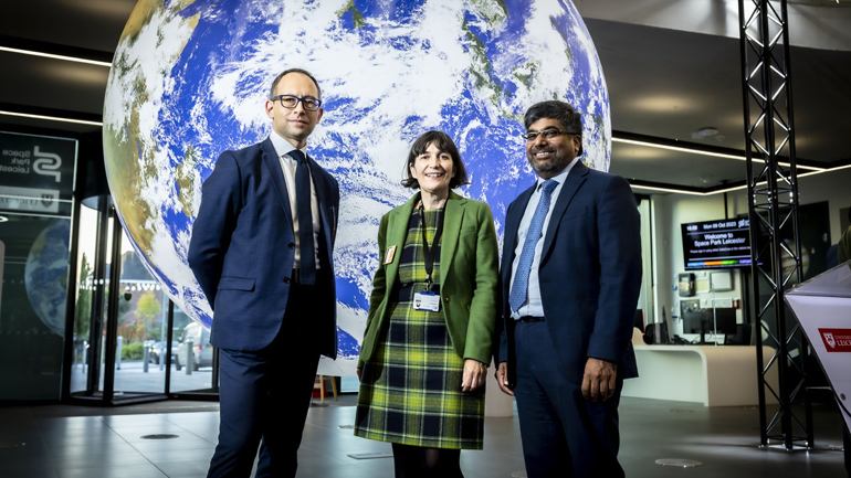 Marking the arrival of the CGI Globe at Space Park Leicester ( from left) Prof Richard Ambrosi - Executive Director, Space Park Leicester, Tara McGeehan - President CGI UK & Australia and Prof Nishan Canagarajah, President and Vice-Chancellor, University of Leicester.