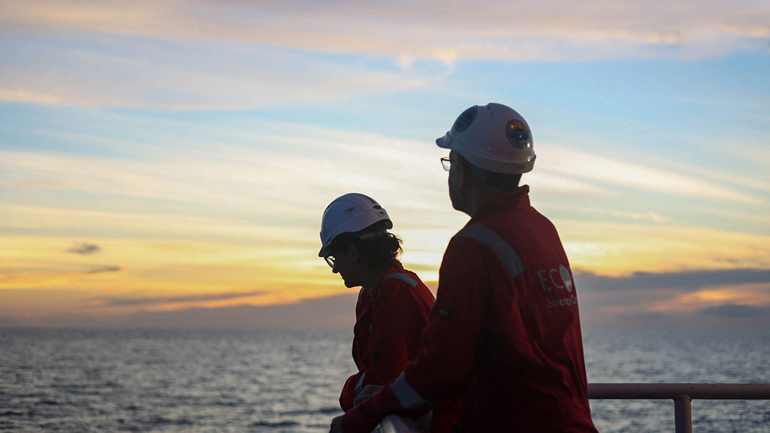 Marisa Rydzy with colleague Alex Wülbers watching the sunset from the third deck of the MMA Valour on September 6th, 2023. Credit: M. Parker