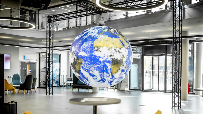 Magnificent 3m globe designed by Luke Jerram in position at Space Park Leicester.