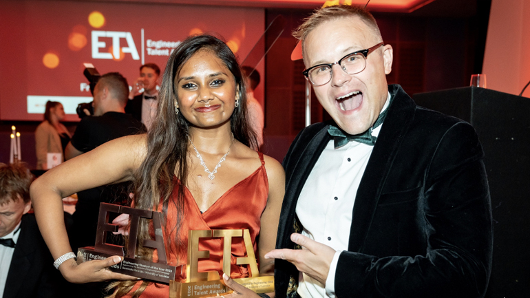 Sam Raviraja with her two awards, and Dr Mark McBride-Wright, founder and director of EqualEngineers.