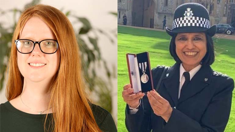 Left: Jayne Butler, CEO at Rape Crisis England and Wales, looks at camera. Right: Superintendent Manjit Atwal, Leicestershire Police, in police uniform holding a medal in a box smiling at camera