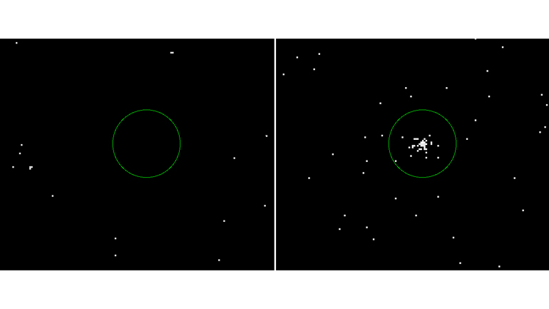 Now you don’t see it, now you do! X-ray images of the same location on the sky before (left) and after (right) Swift J0230 erupted. Image credit: Phil Evans (University of Leicester) / NASA Swift.
