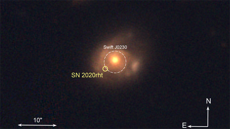 An optical image of the galaxy in which the new event occurred, taken from archival PanSTARRS data. The X-ray object was located to somewhere inside the white circle. Image credit: Daniele B. Malesani / PanSTARRS.