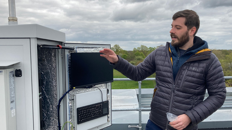 Jack Satchwell from the Aerobiology teams demonstrates the new pollen monitor.