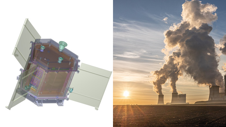 Image of the Radioisotope Thermoelectric Generator (RTG) and an illustration of industry releasing carbon into the atmosphere.
