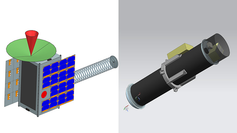 Early design of the Elfen spacecraft (left), a 16U CubeSat, and CAD drawing of the SIRIUS spectrograph (right) with a rigid tube.