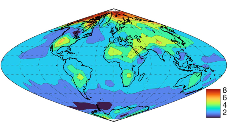 Global temperature anomaly in degrees Celsius caused by doubling the concentration of carbon dioxide over a century. Credit: Valerio Lucarini and Mickaël Chekroun