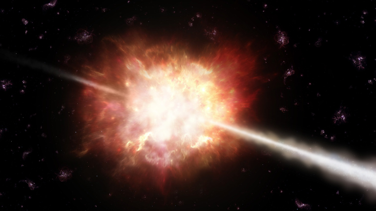 In a gamma-ray burst, two jets of very fast-moving material are ejected, as depicted in this artist’s illustration. Credit: ESO/A. Roquette