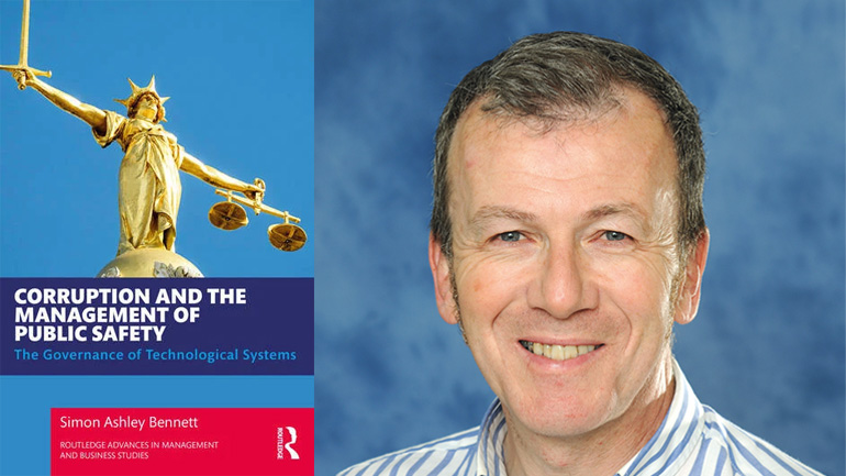 A composite image showing the cover of Corruption and the Management of Public Safety (left) and headshot of Dr Simon Bennett (right)