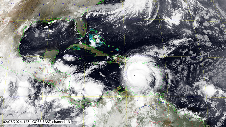 Satellite imagery of hurricane Beryl.