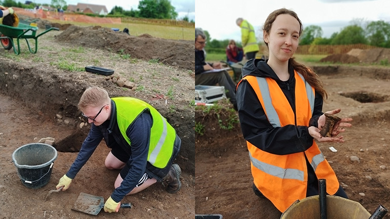 Left - Trowelling and cleaning features. Right - Part of a Roman flagon found in a pit under the villa floor.