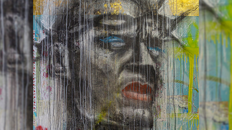 Art piece depicting Jesus wearing a crown of thorns wearing blue eyeshadow and red lipstick.