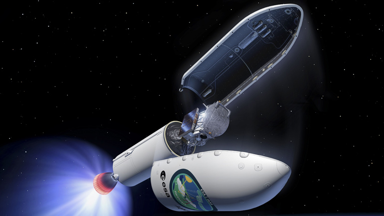 Artist's view of EarthCARE on board a Falcon 9 launch vehicle. Credit: ESA - P. Carril