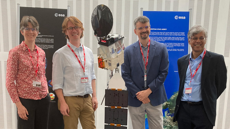 NCEO scientists and alumni at EarthCARE media event at ESA Climate Office, L-R: Professor Helen Brindley (Imperial College London), Dr Shannon Mason (University of Reading), Dr Robin Hogan (European Centre for Medium-Range Weather Forecasts) and Professor John Remedios (University of Leicester).