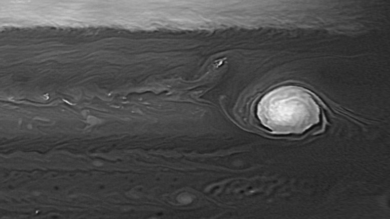 Map of Jupiter’s Great Red Spot from JWST’s NIRCAM instrument at 2.12 µm in July 2022, used to track winds in the upper troposphere for comparison with the deeper atmosphere observed by Hubble in visible light. Credit:  NASA/ESA/STScI; Harkett (Univ. Leicester), Hueso (Bilbao), Wong (Berkeley)