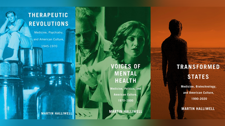 Covers of all three books in the series, Therapeutic Revolutions, Voices of Mental Health and Transformed States.