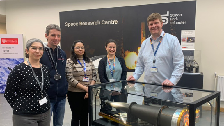 Exosens representatives Amalya Minasyan and Julien Seguy with Space Park Leicester representatives Hina Verma, Charly Feldman and Dr Adrian Martindale.
