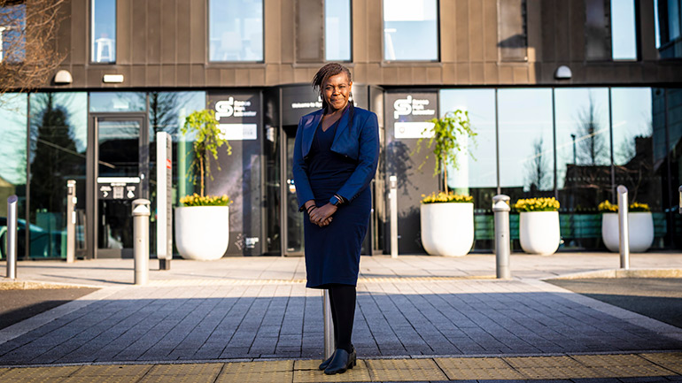 Dr Maggie Aderin-Pocock at the entrance to Space Park Leicester.