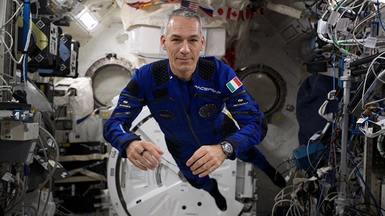 Italian Air Force commercial astronaut Colonel Walter Villadei in a spacesuit created by Spacewear.