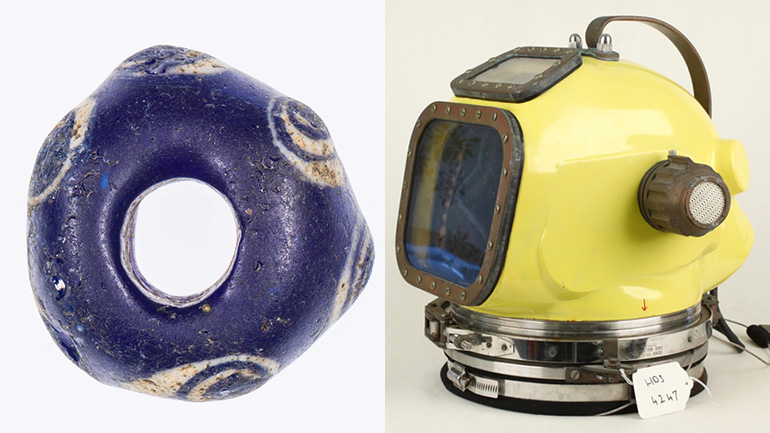 Objects from the catalogue: Left, Iron Age glass bead - Class 6 Oldbury Type; right, Dive Dynamics AH106 helmet - From the early days of commercial diving