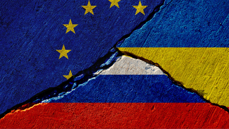 russia, EU and Ukraine flags