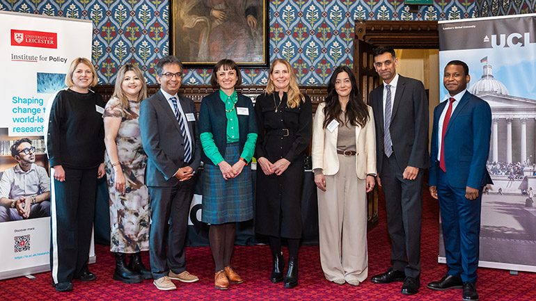 Left to right - Dr Elaine Kelly, Kirandip Gill, Professor Manish Pareek, Professor Katherine Woolf, Clare Teeney, Sarah Owen MP, Professor Habib Naqvi MBE and Professor Ibrahim Abubakar.