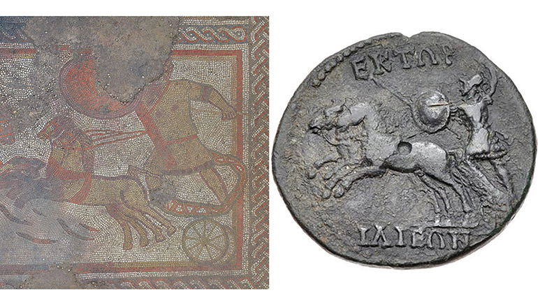 Section of Panel 1 of the Ketton Mosaic shows Hector, prince of Troy, in his chariot. (©ULAS). A second-century Roman coin from Ilium in Turkey, labelled ‘Hector’, is an earlier example of the same design. (RPC 4.2.120 @ RPC online). 