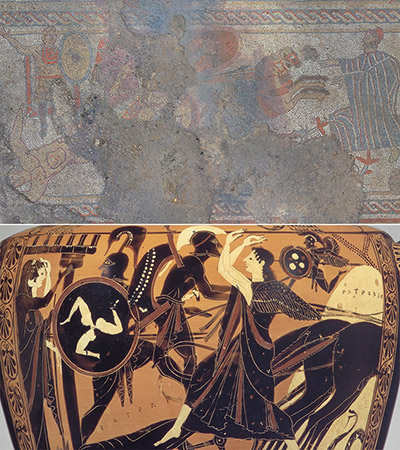 Panel 2 of the Ketton Mosaic shows Achilles dragging the body of Hector behind his chariot, while Hector’s father Priam begs him for mercy. (©ULAS). A Greek vase from ancient Athens uses the same design 800 years before the Ketton mosaic: the waving figure, shield, chariot group, running figure with arms out and even the snake curled beneath the horses all come from the same schematic. (Boston 63.473 © MFA Boston).