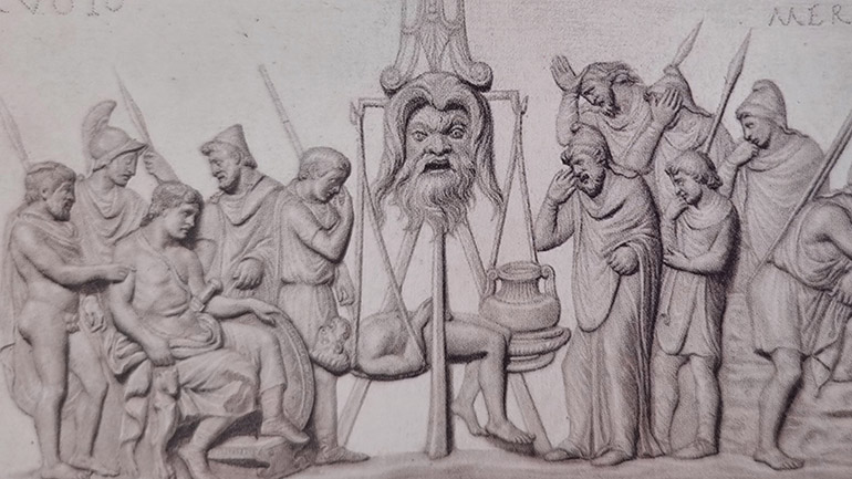 A first-century silver jug from Roman Gaul had already used same design. On the left, Achilles is sitting by his shield, surrounded by his guards. In the middle is Hector’s body in a huge set of scales, centred around a human face. At the right, king Priam in his distinctive hat and robe loads the scales with gold vessels, while his bodyguards look on. (Nineteenth-century line drawing of Berthouville Treasure, now in the Bibliothèque Nationale de France).  