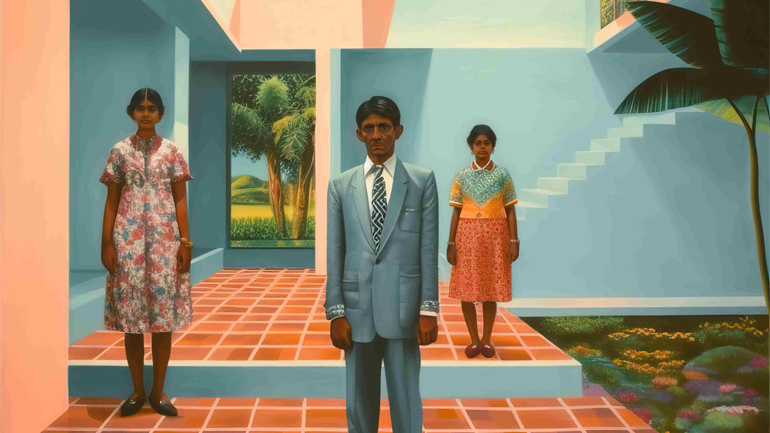 A man stands in the centre of the image, a woman stands further back and to the left, another woman is further back still slightly left of centre.